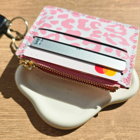 Leather Card Holder & Coin Purse Keychain - Pink