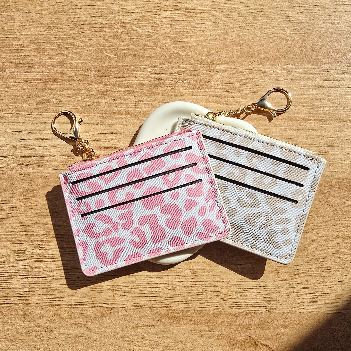 Leather Card Holder & Coin Purse Keychain - Pink