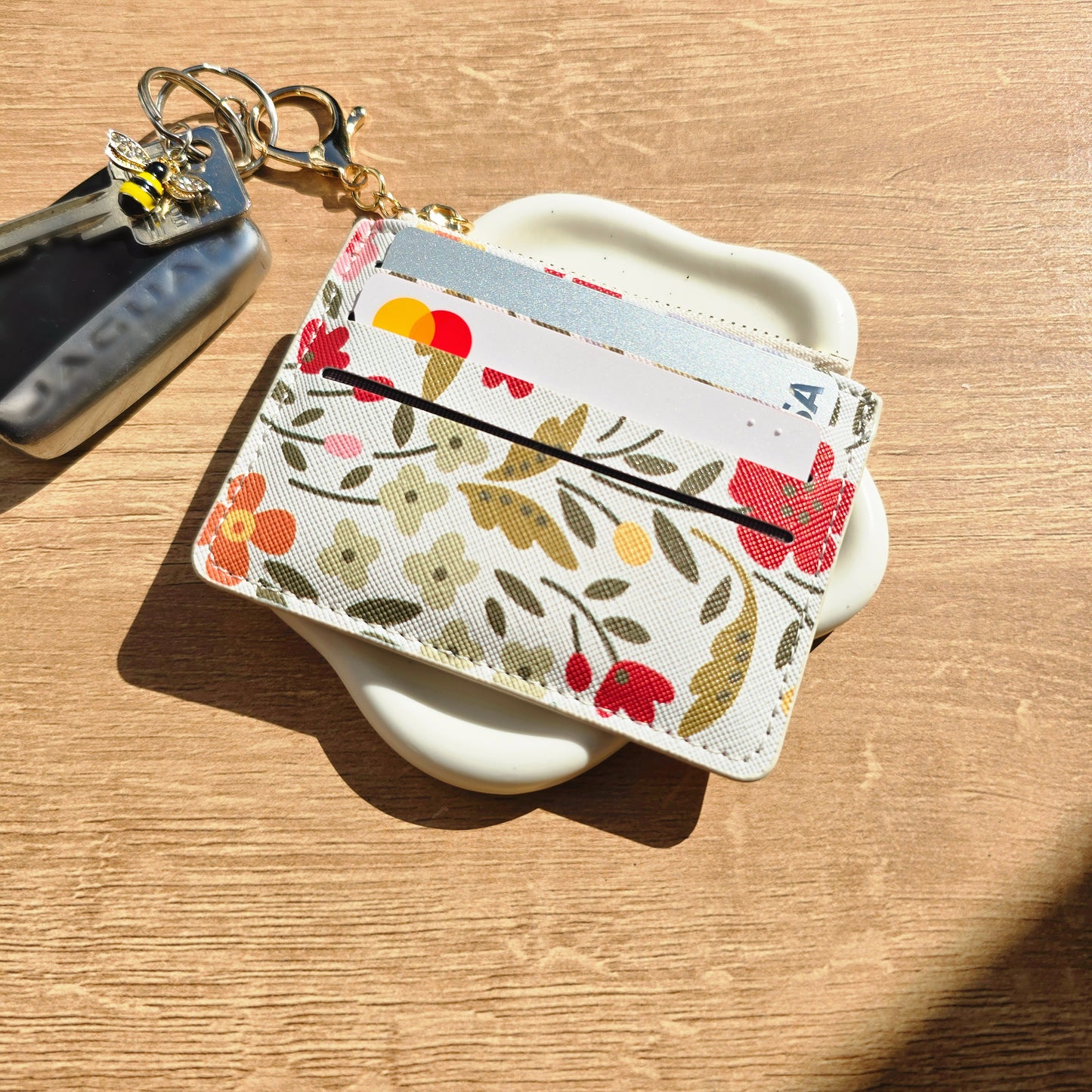 Leather Card Holder & Coin Purse Keychain - Floral