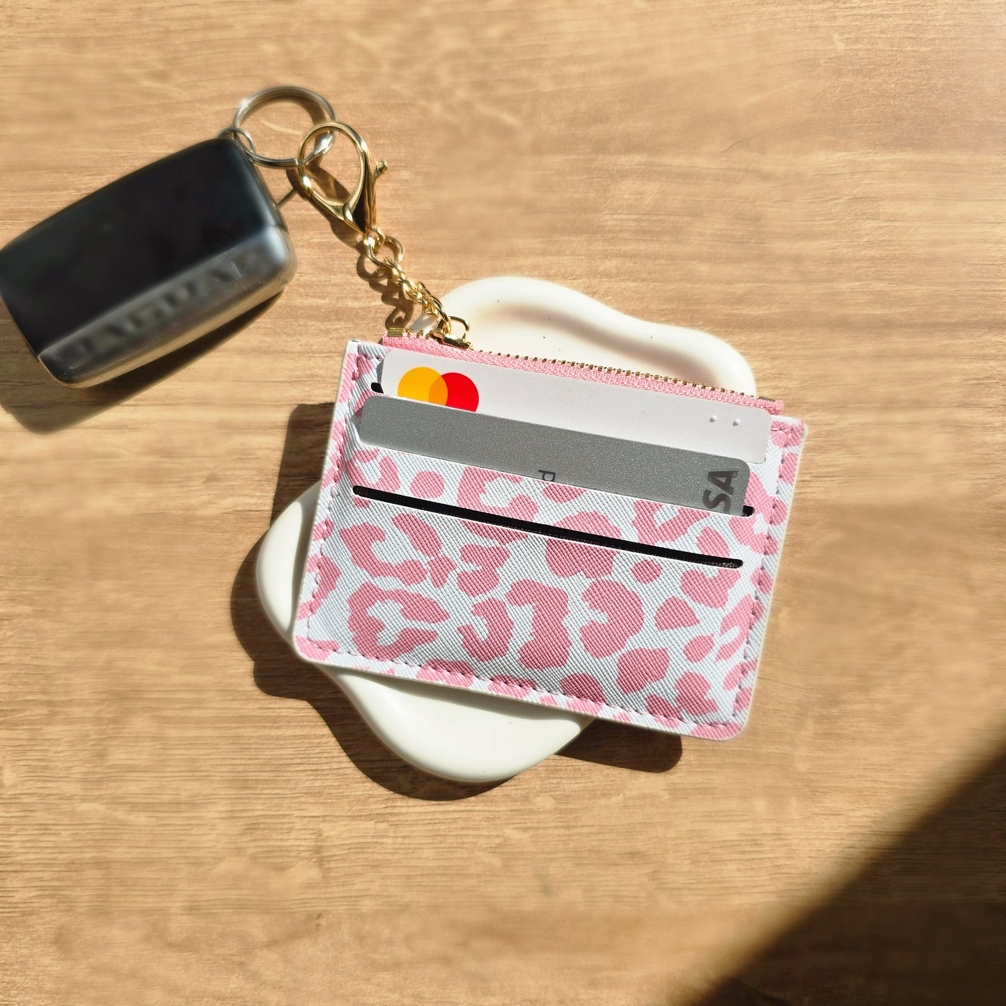 Leather Card Holder & Coin Purse Keychain - Pink