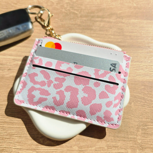 Leather Card Holder & Coin Purse Keychain - Pink