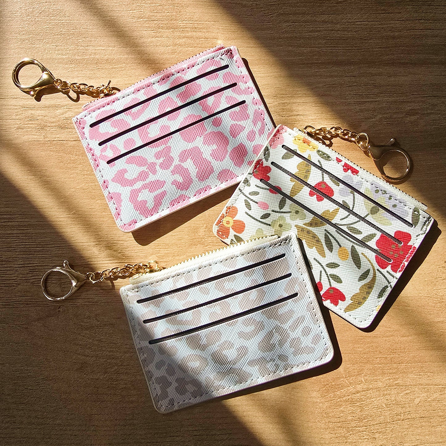 Leather Card Holder & Coin Purse Keychain - Floral